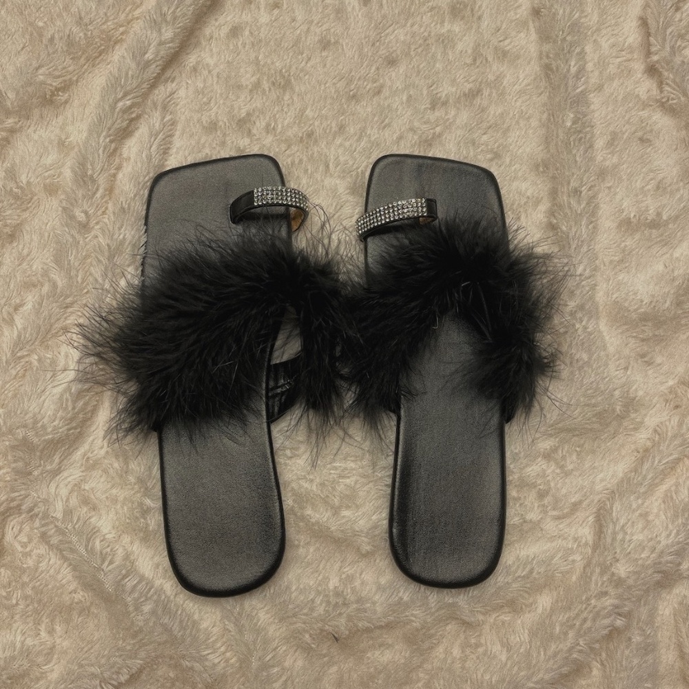 black fluffy rhinestone sandals